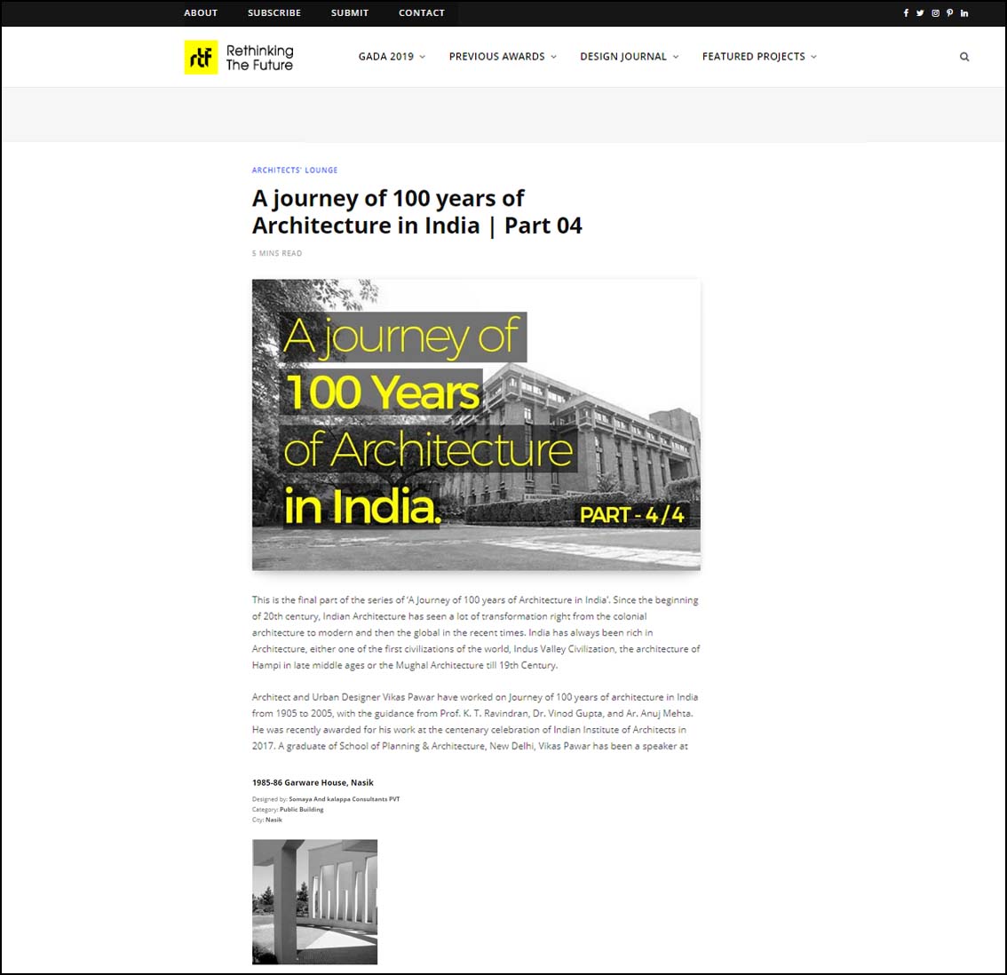 A Journey of 100 years of Architecture in India - Rethinking the  Future - January 2019